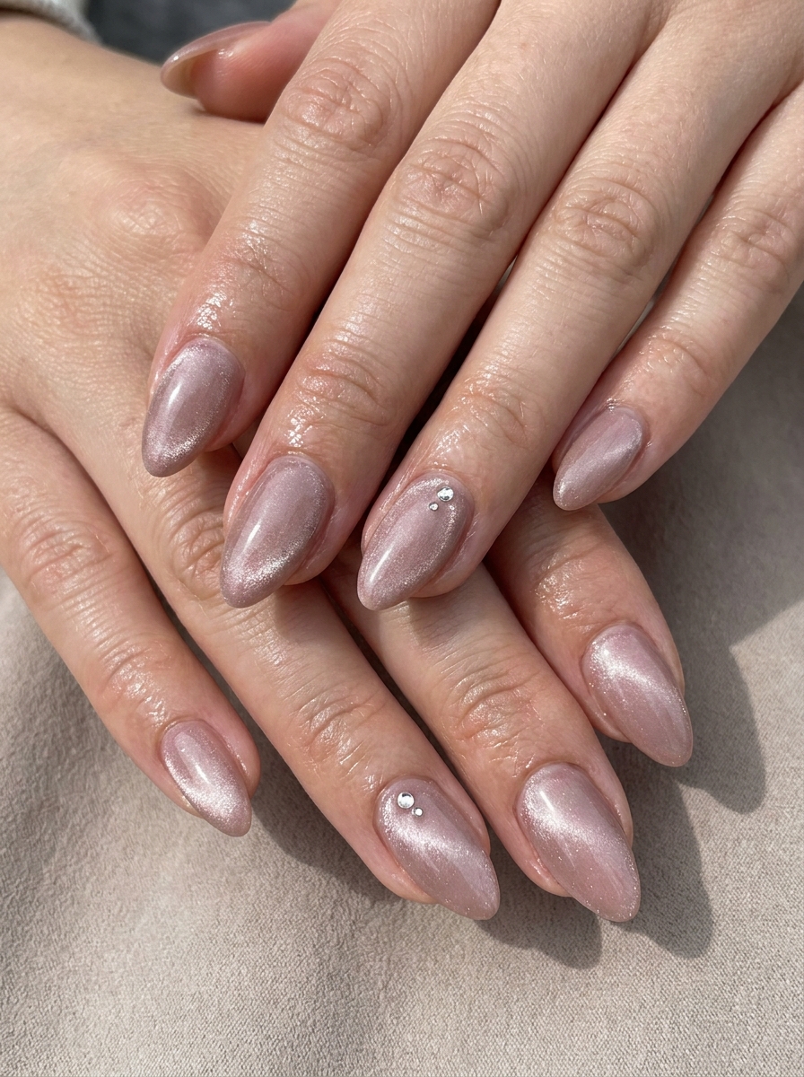 Cat Eye Glassteinnägel mit schimmernder Tiefe und kleinen Kristallen